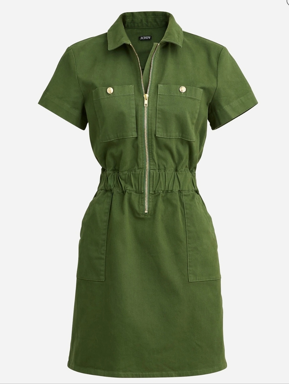J.Crew Olive Green Zip Front Chino Dress Size 2 Small Mini Shirt Dress